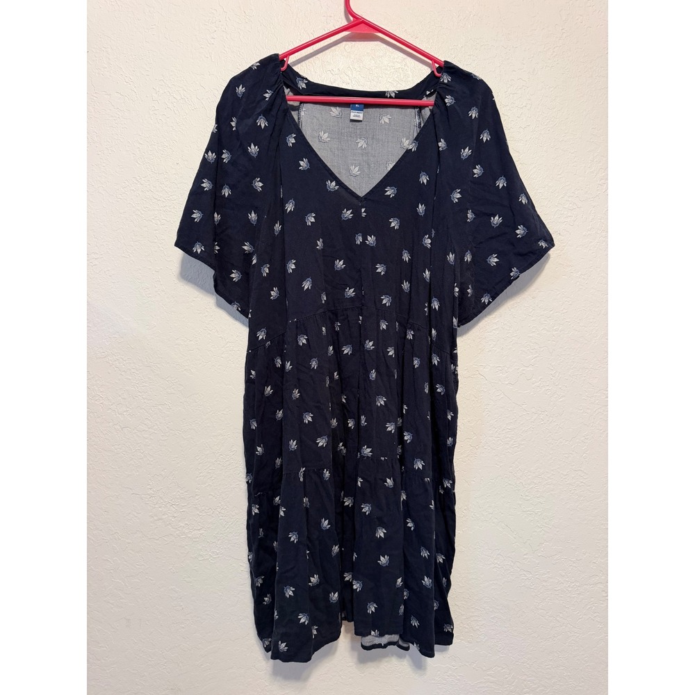 Old Navy Navy Blue Floral Deep V Voluminous Tiered Mini Dress XL 885278-01